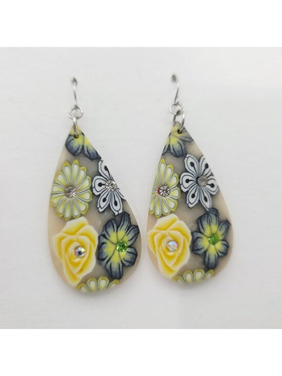 Handmade Jewelry - Floral Teardrop Earrings Yellow And Blue Flowers & Rhinestone Polymer 2.75